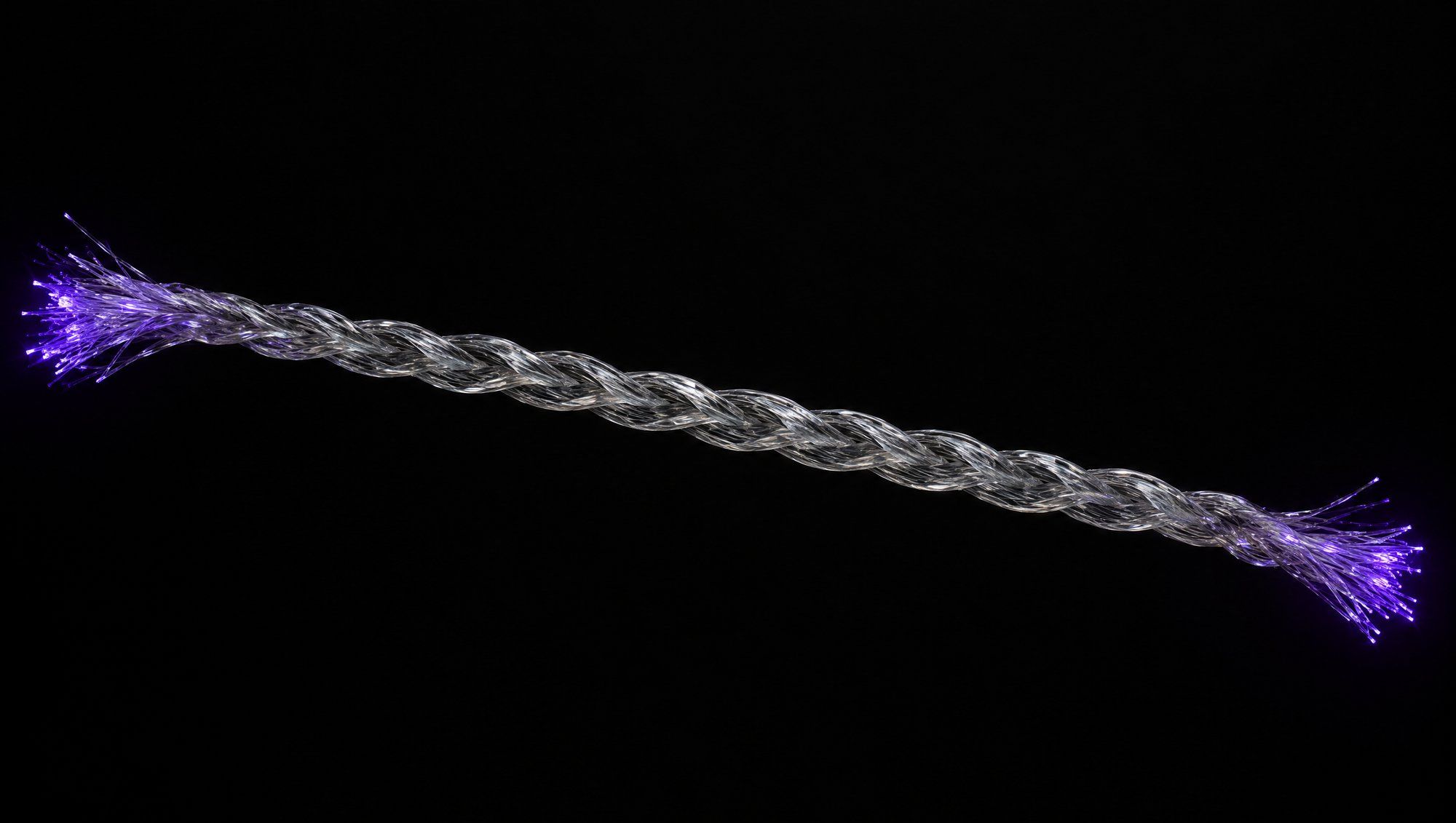 A braided thread of clear glass fibres stretched across a black background, both frayed ends glowing violet.