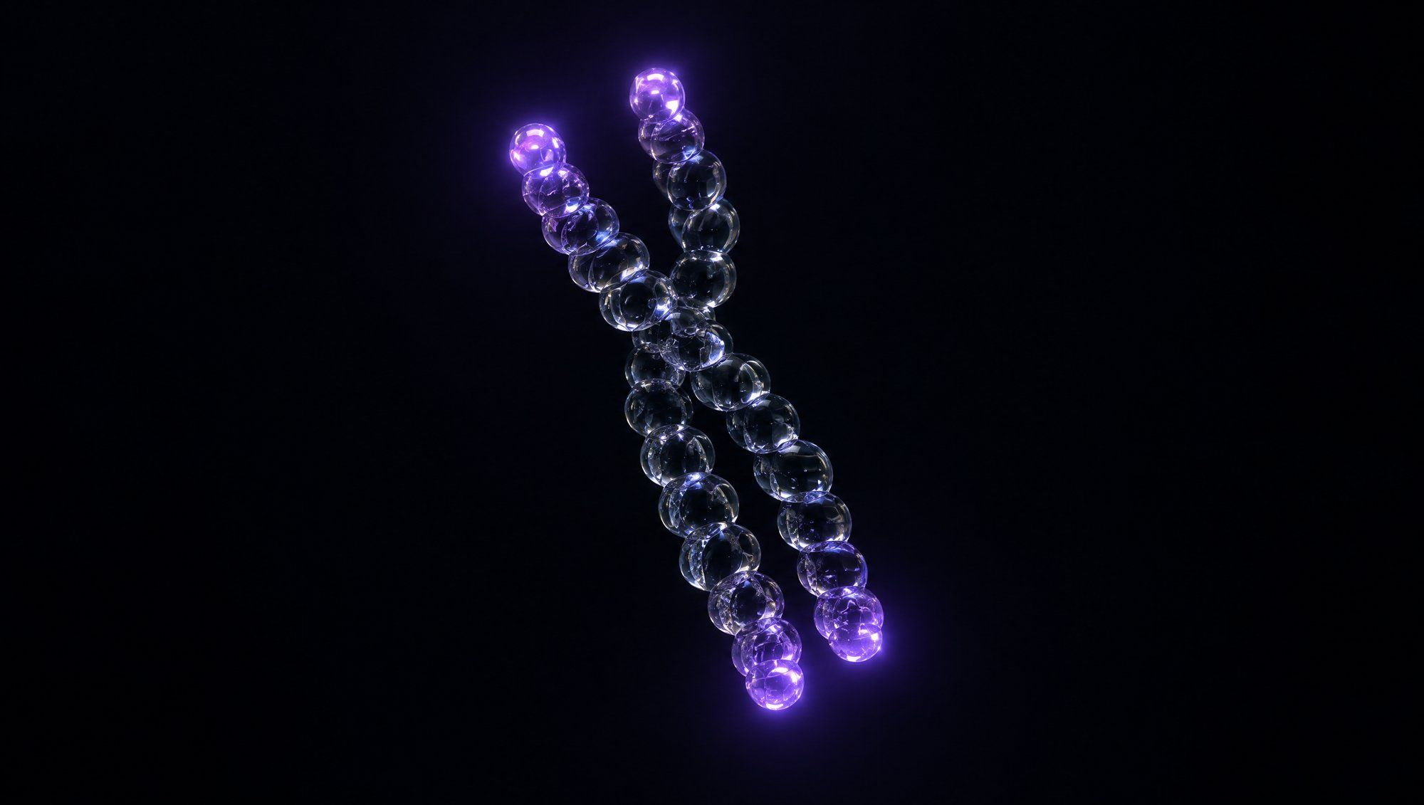 Two twisted strands of clear glass beads crossing like a chromosome, floating in darkness with their ends glowing violet.