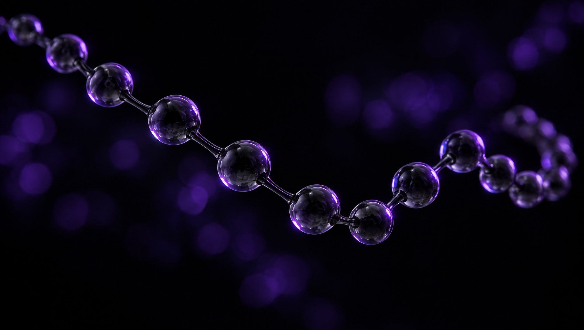 A curving chain of smoky glass spheres joined by thin dark glass rods, like a long molecule, floating against black with violet edge light and soft violet bokeh behind.