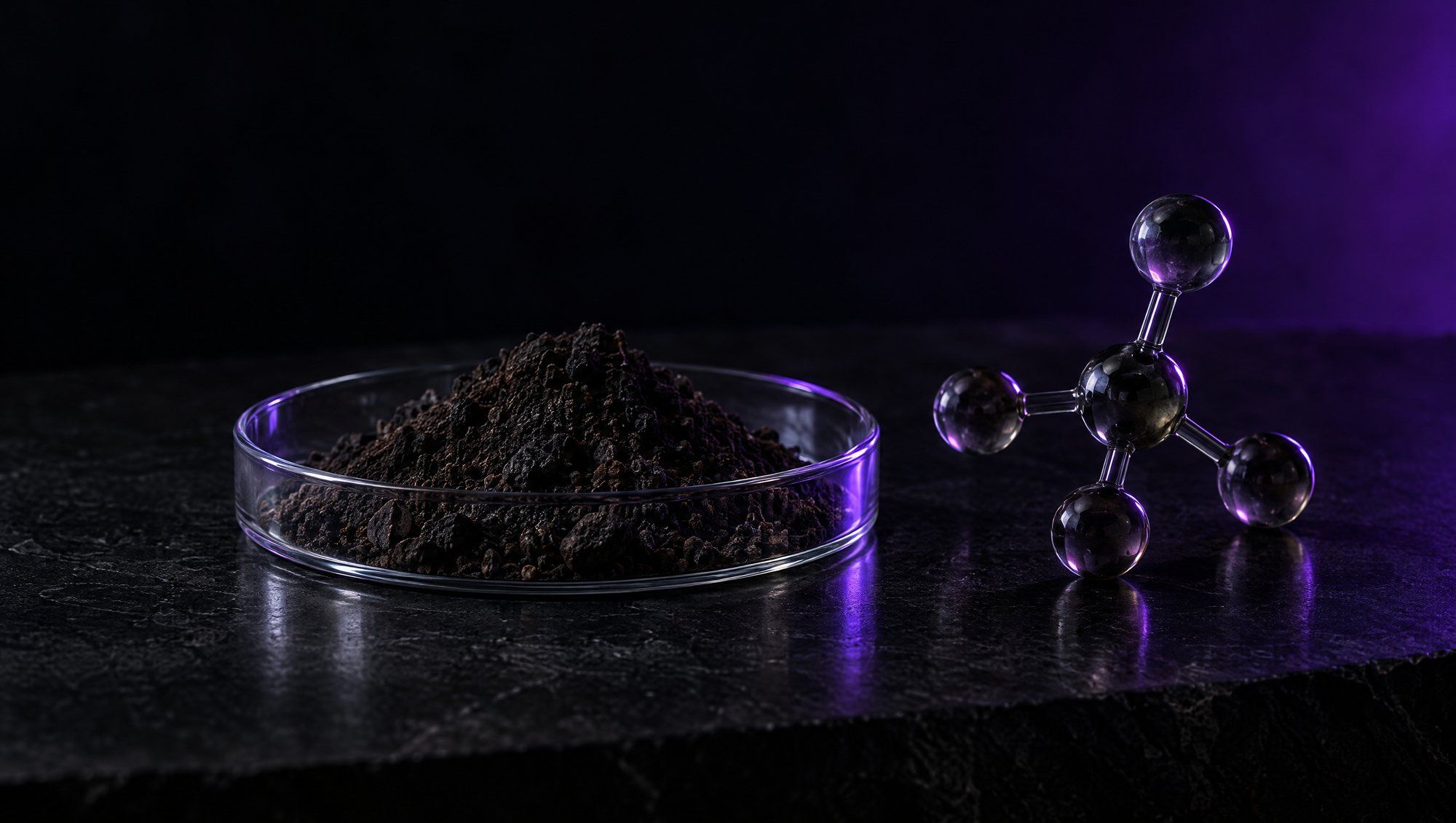 A shallow glass dish holding a mound of dark soil beside a small glass ball-and-stick molecular model on a black stone bench, with violet light behind.